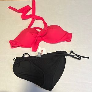 Pink VS padded used bikini pink top Aerie new black bikini bottoms medium